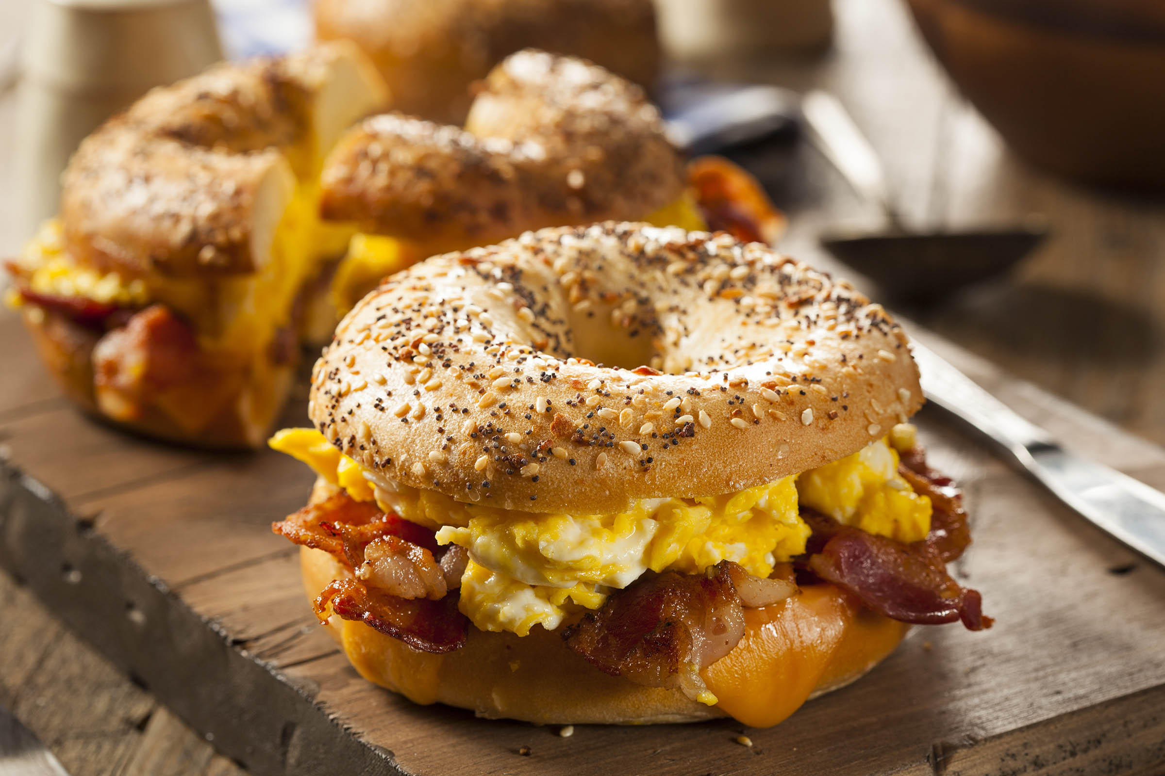 Everything bagel loaded with scrambled eggs, bacon and cheese