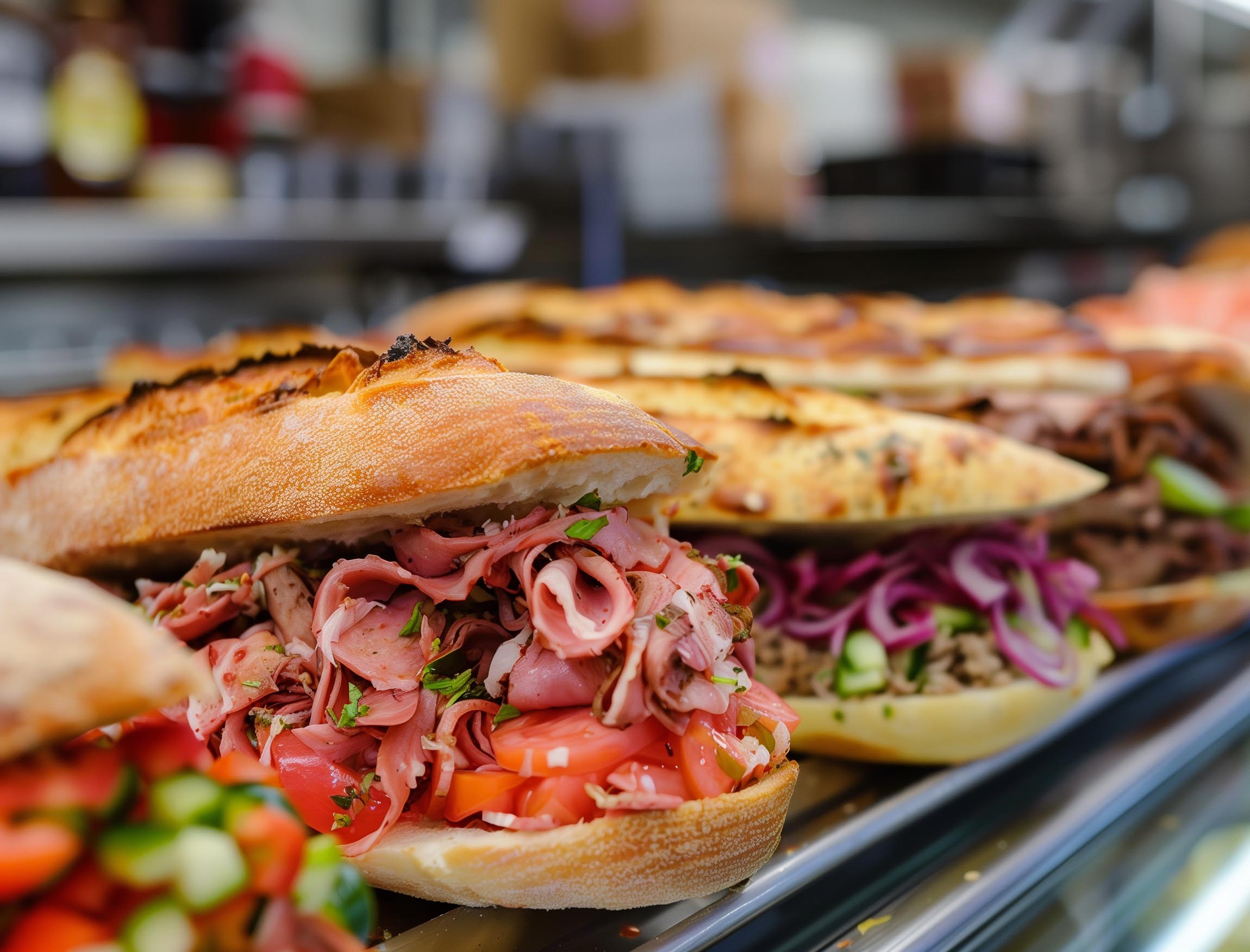 Loaded deli sandwiches on ciabatta rolls in a deli case