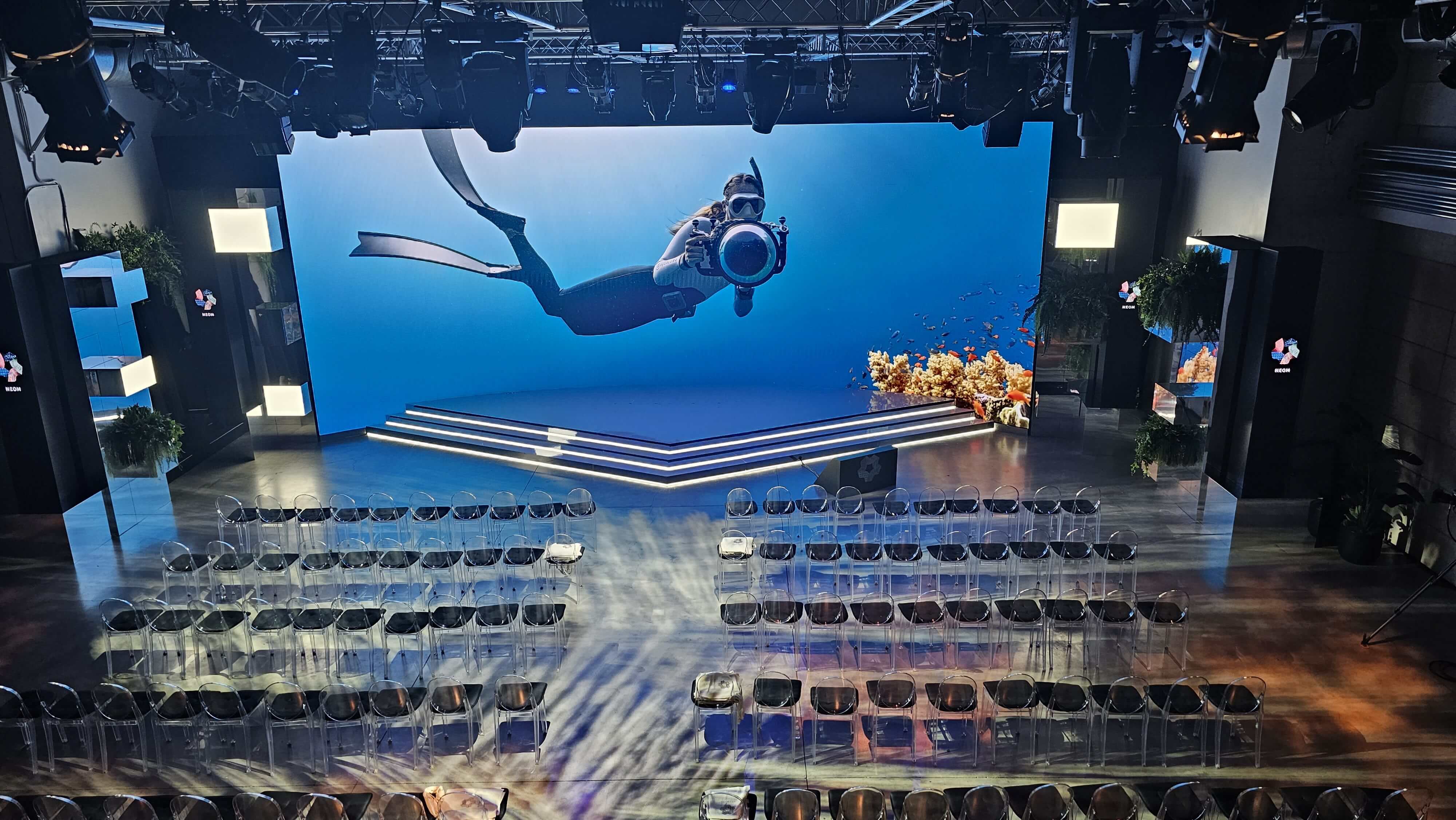 Massive indoor LED video wall showing an underwater scuba diver