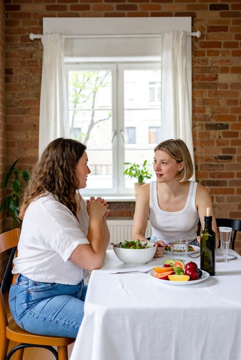 Two women talking over a salad in a brick-walled room