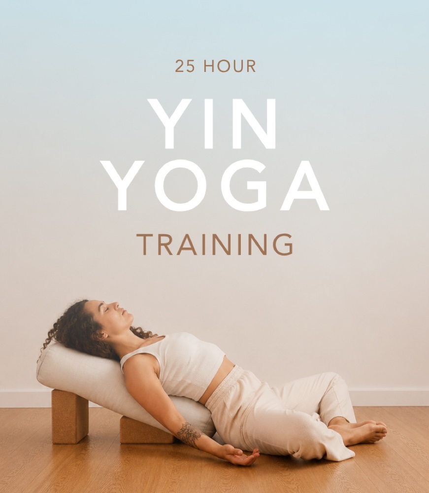 25 Hour Yin Yoga Training flyer — person reclining over a bolster
