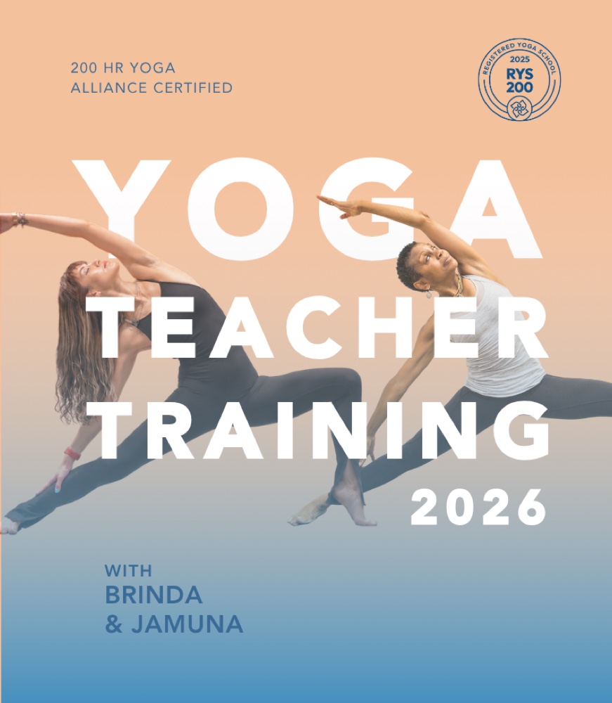 200 Hour Yoga Teacher Training 2026 flyer — Yoga Alliance certified, with Brinda & Jamuna