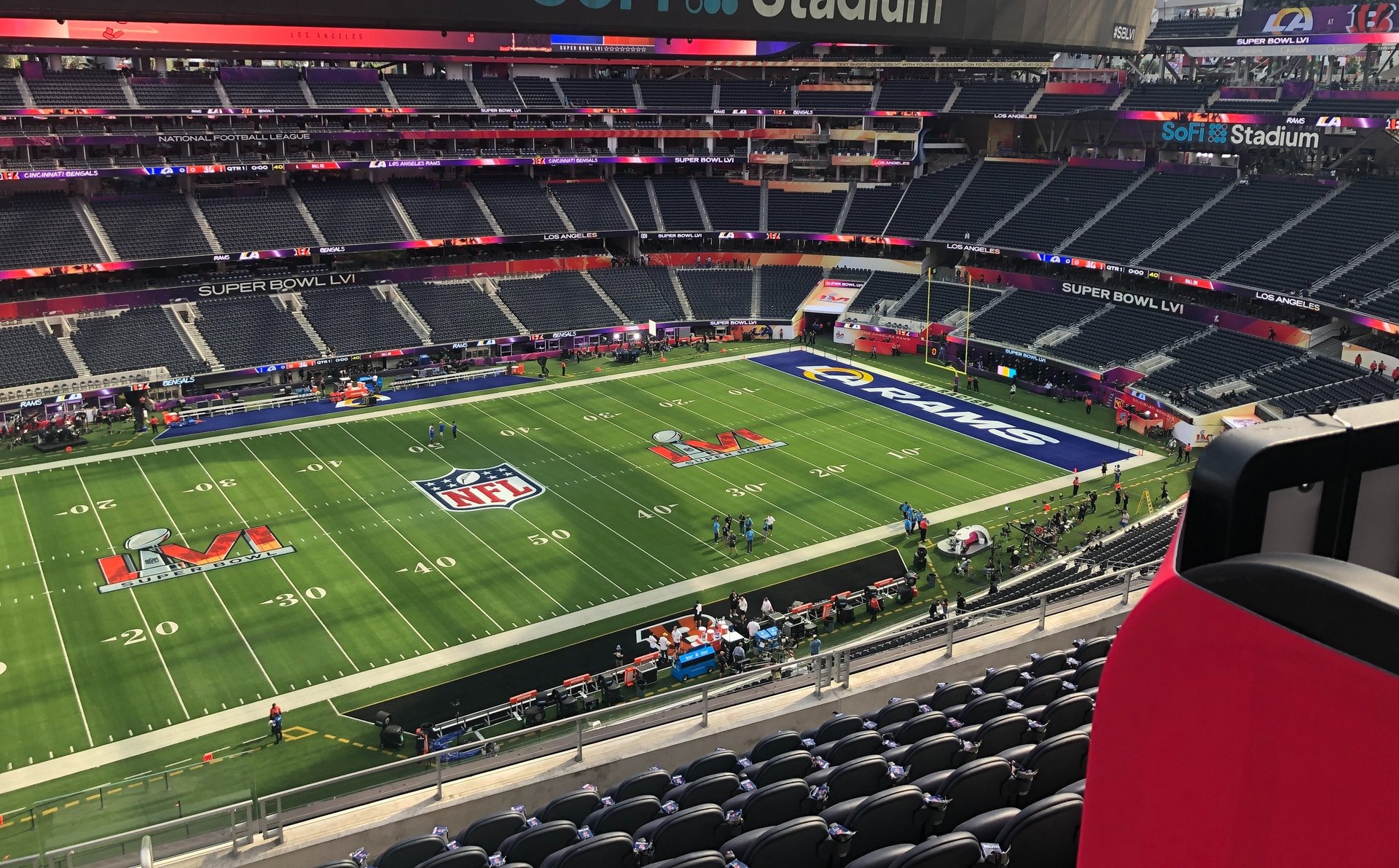 Aerial interior of SoFi Stadium set up for Super Bowl LVI.