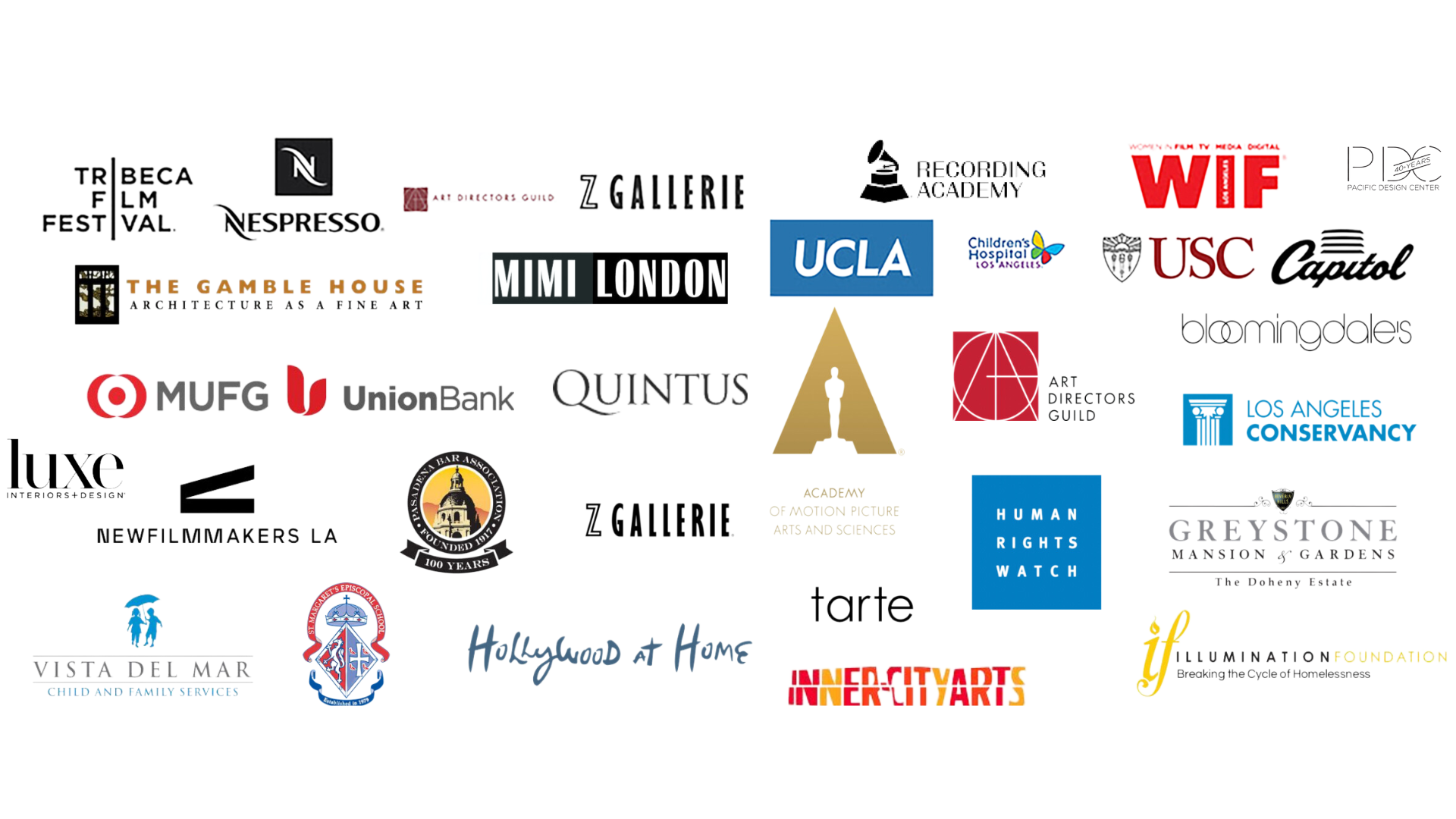 Client logo wall featuring UCLA, the Recording Academy, the Oscars, Nespresso, Bloomingdale's and more notable organizations
