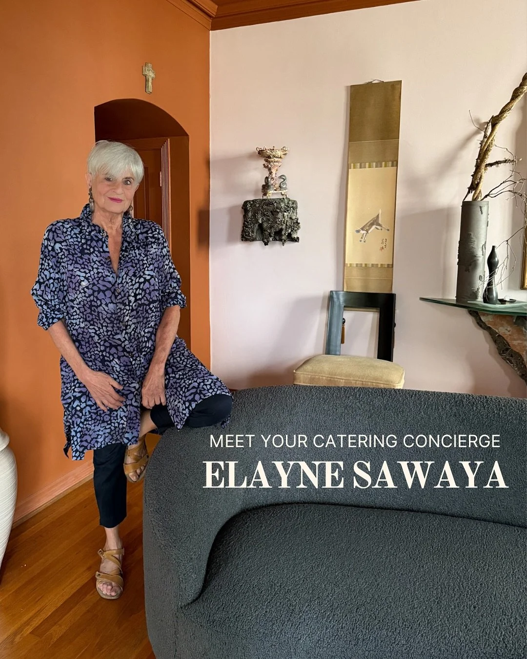 Elayne Sawaya, founder of Catering Concierge, in a patterned blue dress