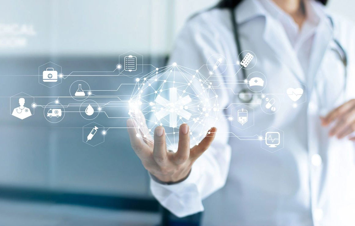 Doctor in a white coat holding a glowing digital health-network globe