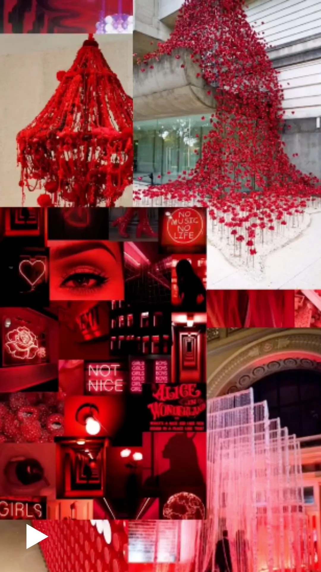 Red mood board collage with chandelier and neon signs