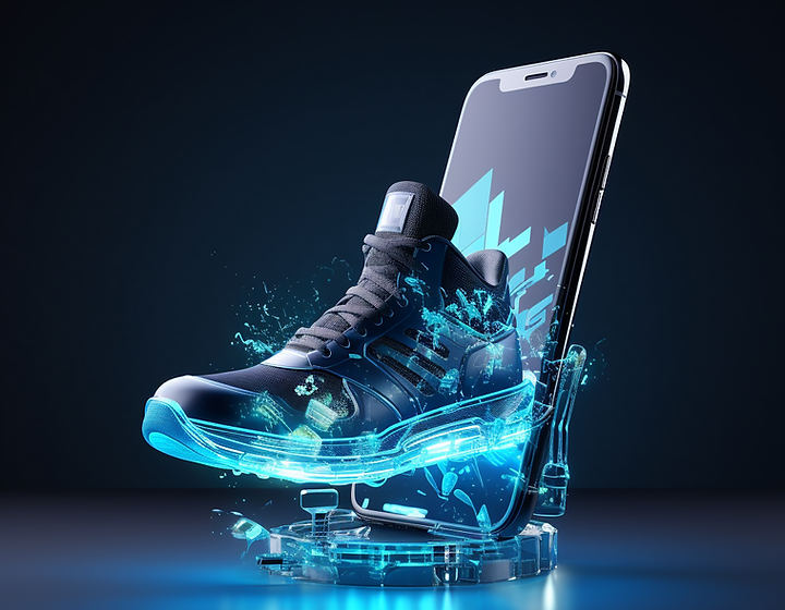 AI-generated futuristic athletic shoe emerging from a smartphone with cyan holographic energy