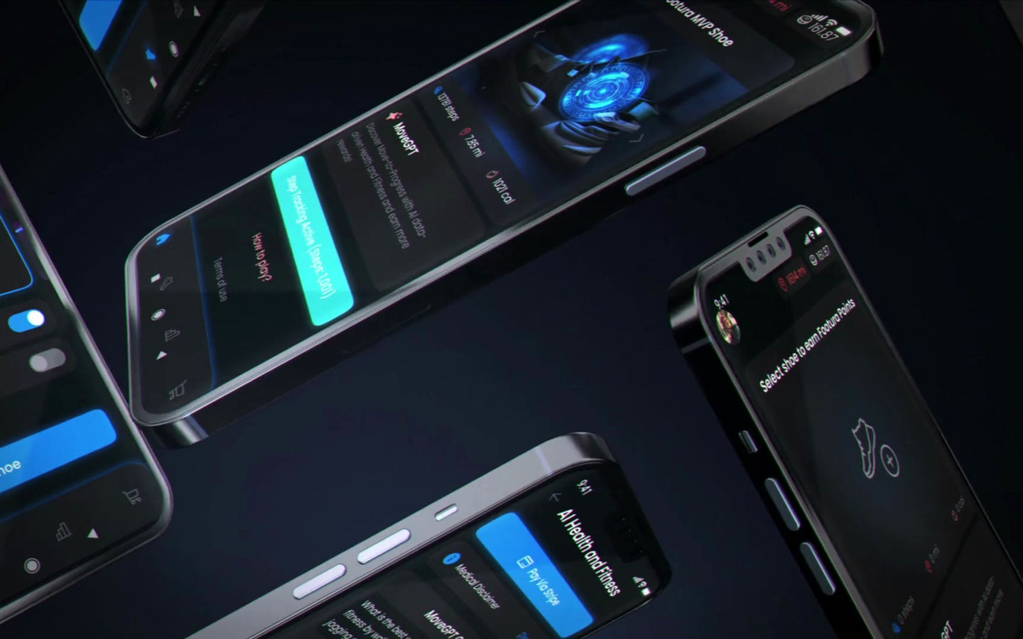 Multiple smartphones displaying the FOOTURA app — MoveGPT, step tracking and shoe selection screens