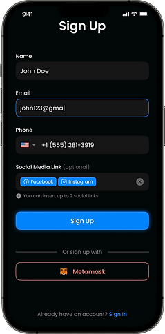 FOOTURA Sign Up screen with name, email, phone, social media fields and Metamask option