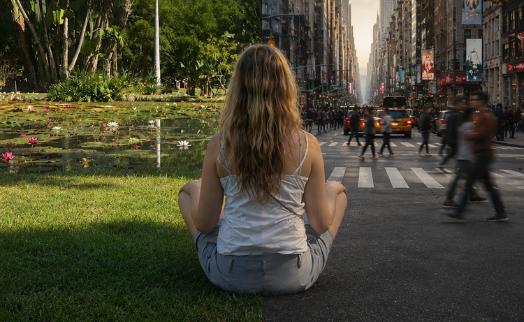 Woman meditating, composite of a serene lily pond and a New York City street