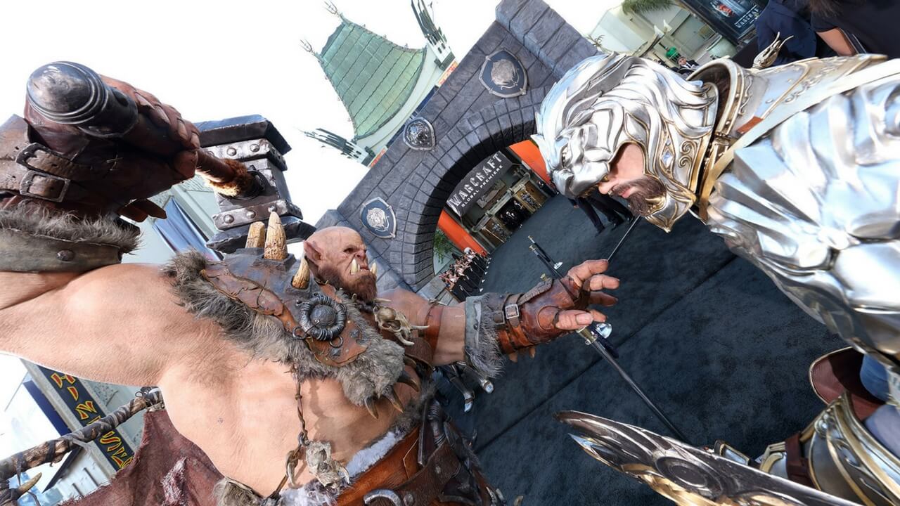 Warcraft premiere at TCL Chinese Theatre with costumed orc and knight characters