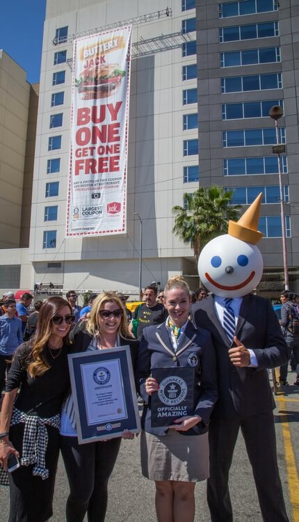 Jack in the Box Guinness World Record coupon event with mascot character and officials