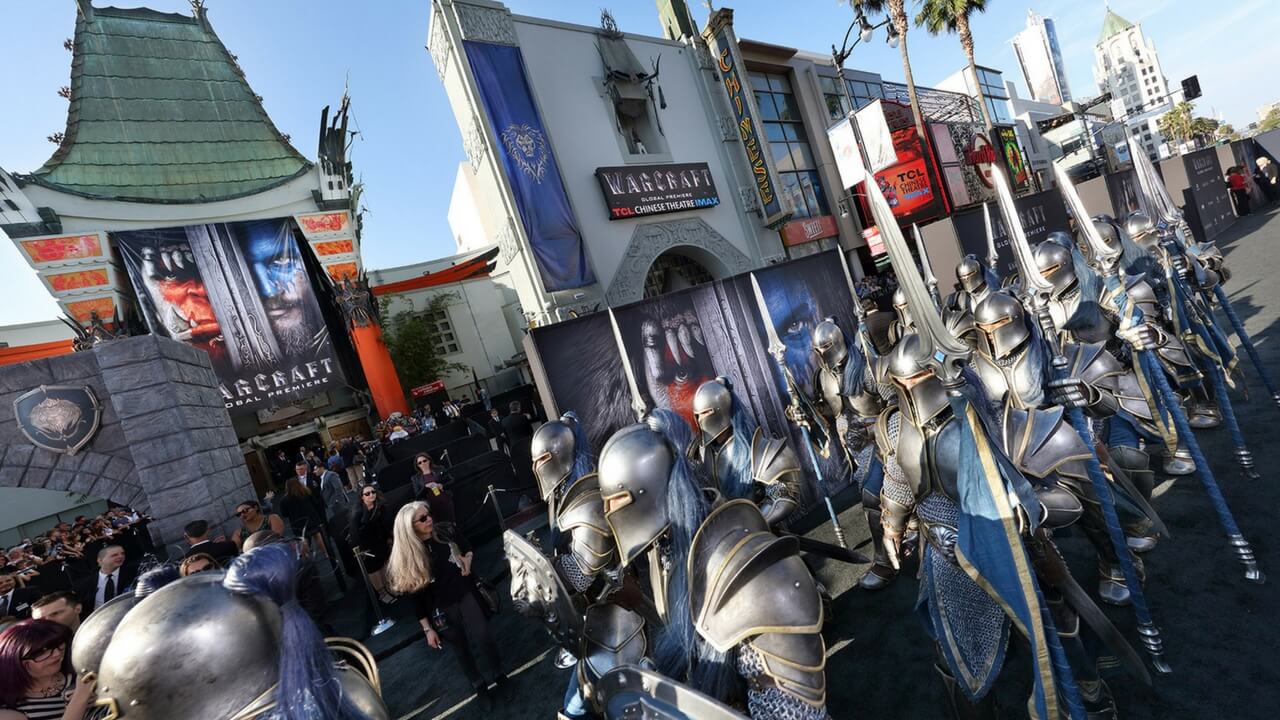Warcraft global premiere at TCL Chinese Theatre with costumed knights and premiere banners