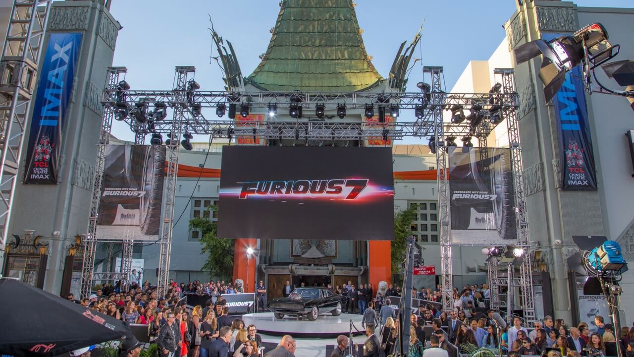 Furious 7 premiere at TCL Chinese Theatre IMAX with large LED screen and crowd