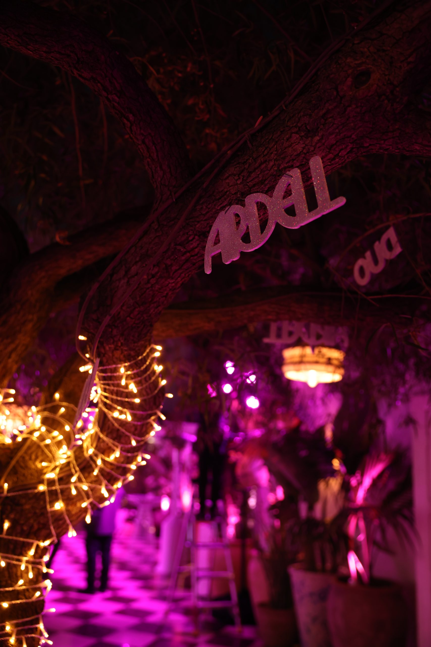 Outdoor nighttime event with Ardell signage on a tree branch lit with purple light and fairy lights