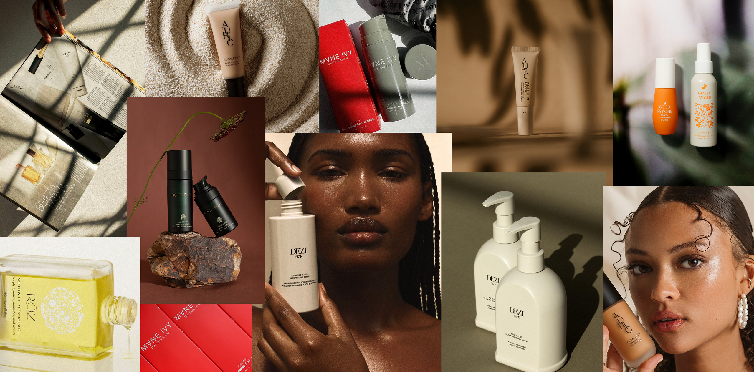 A collage of beauty products and model portraits from the brands Magic Dusk has built — Dezi Skin, Mane Ivy, Nocturnal, Good Psyche, Auric and more.