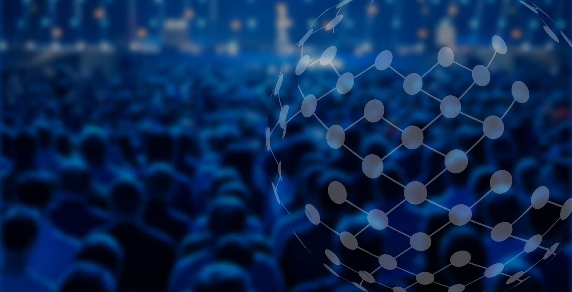 Conference audience with connected-dots globe overlay