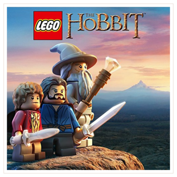 LEGO The Hobbit video game cover art with three LEGO minifigures on a mountaintop
