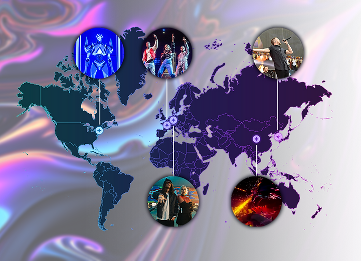 Stylized world map showing Potion Projects' global reach across esports events, concerts, and artists