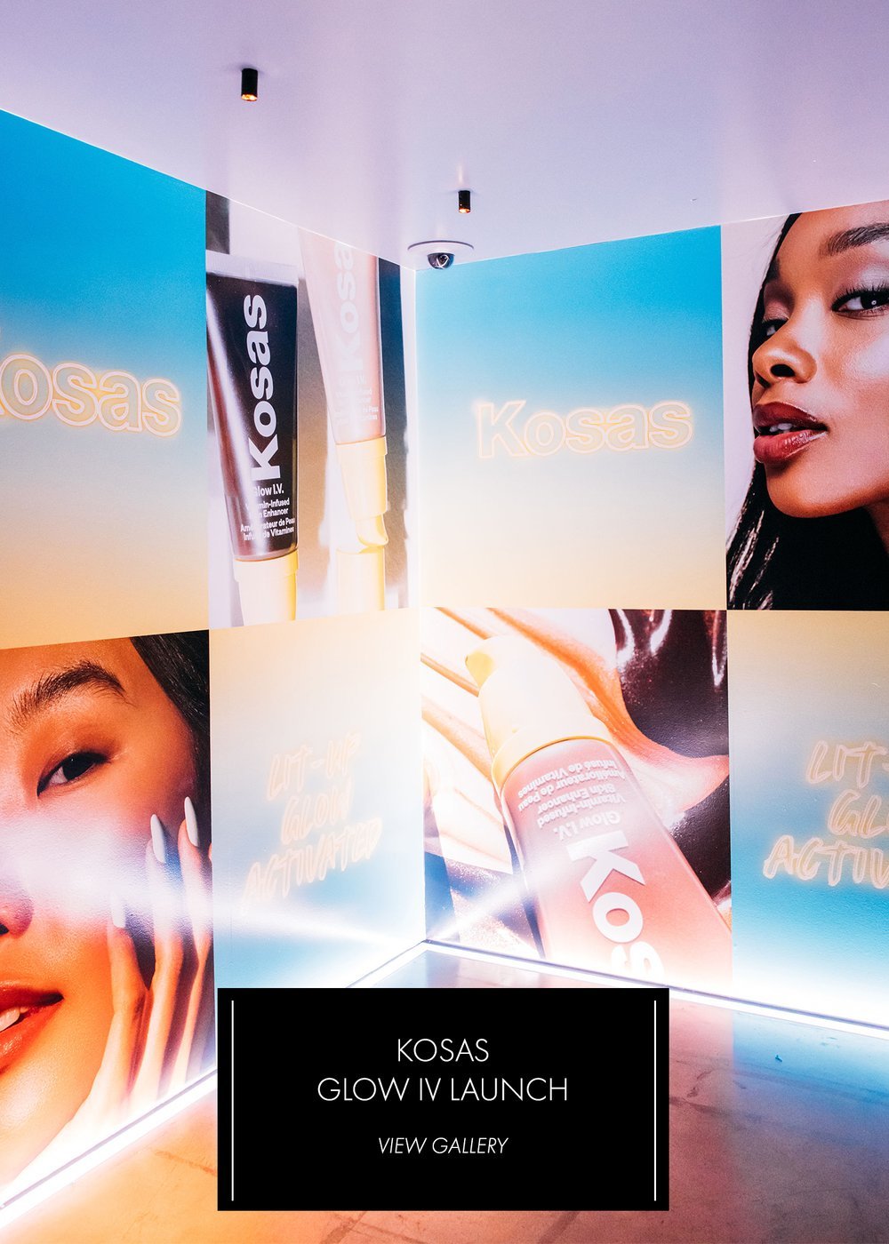 Kosas Glow IV Launch — immersive mirror room with brand imagery panels showing models and product close-ups