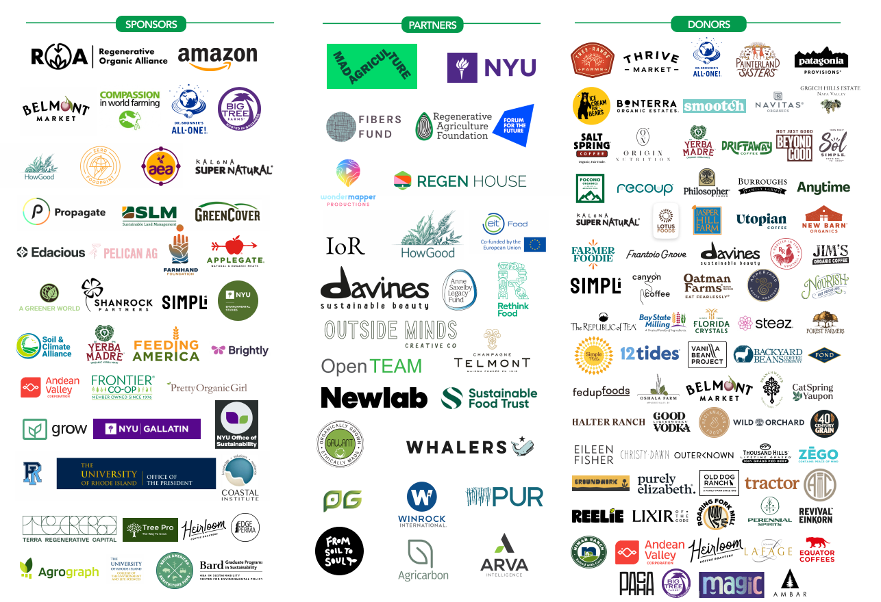 Composite logo sheet of Why Regenerative sponsors, partners, and donors including Patagonia, Amazon, NYU, Deloitte, Danone, Whole Foods and the Regenerative Organic Alliance