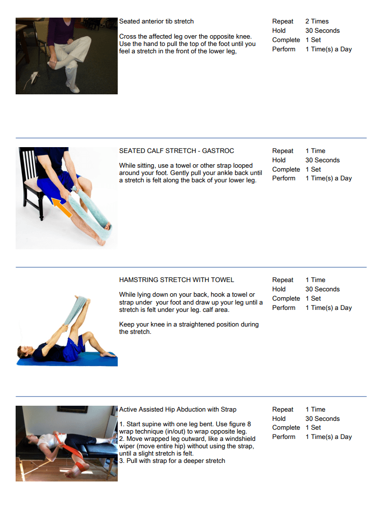 Sample customized exercise plan document showing stretching exercises with instructions