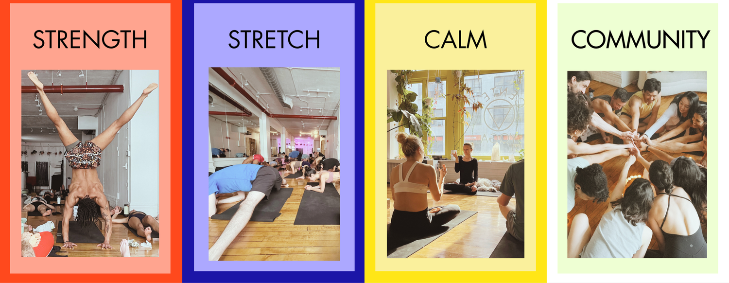 Four-panel Center Yoga graphic — Strength, Stretch, Calm, Community