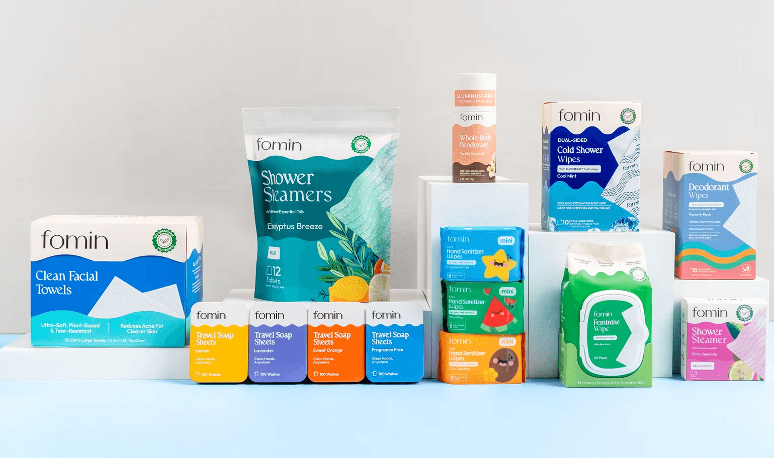 Fomin personal-care product lineup including shower steamers and soap sheets