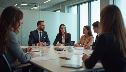 Business team of five people in formal attire seated around a conference table in discussion