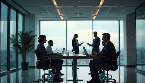 Corporate meeting room with silhouetted figures at glass windows and two people seated at a table with laptops