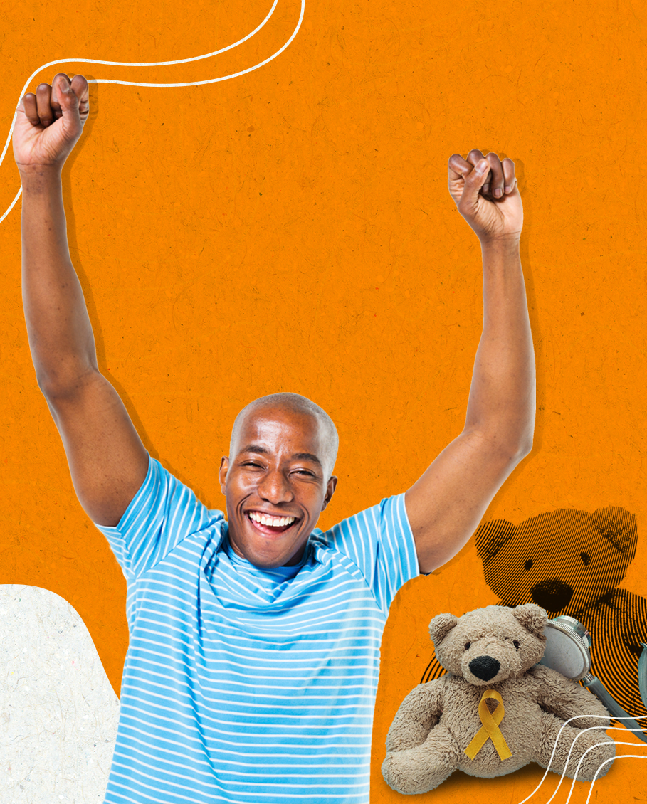 A joyful man raising his fists in victory on an orange background