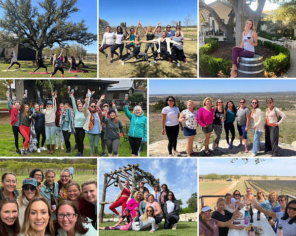 Collage of nine photos from past Vino Vinyasa yoga and wine retreats at Texas vineyards